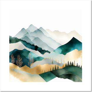 Metallic Misty Mountains Watercolor Posters and Art